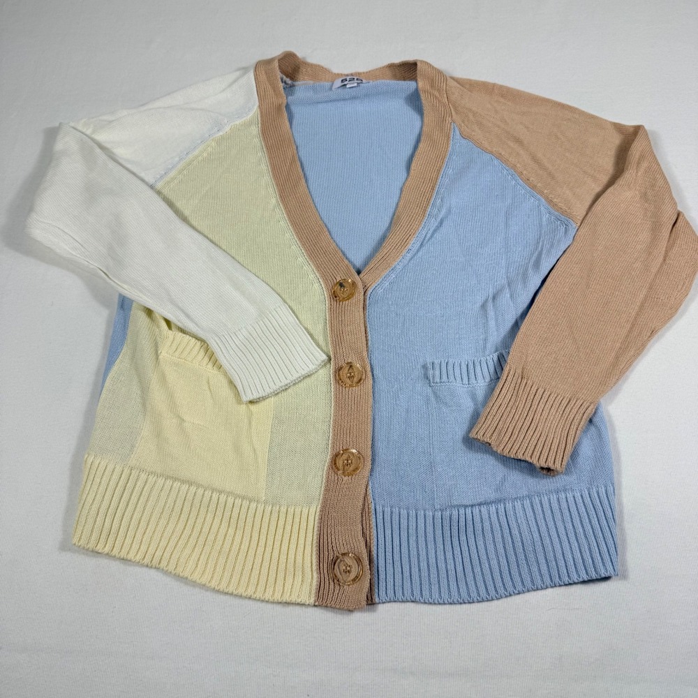 525 Colorblock Cardigan XS Pastel Blue Yellow Cotton Button Front Sweater